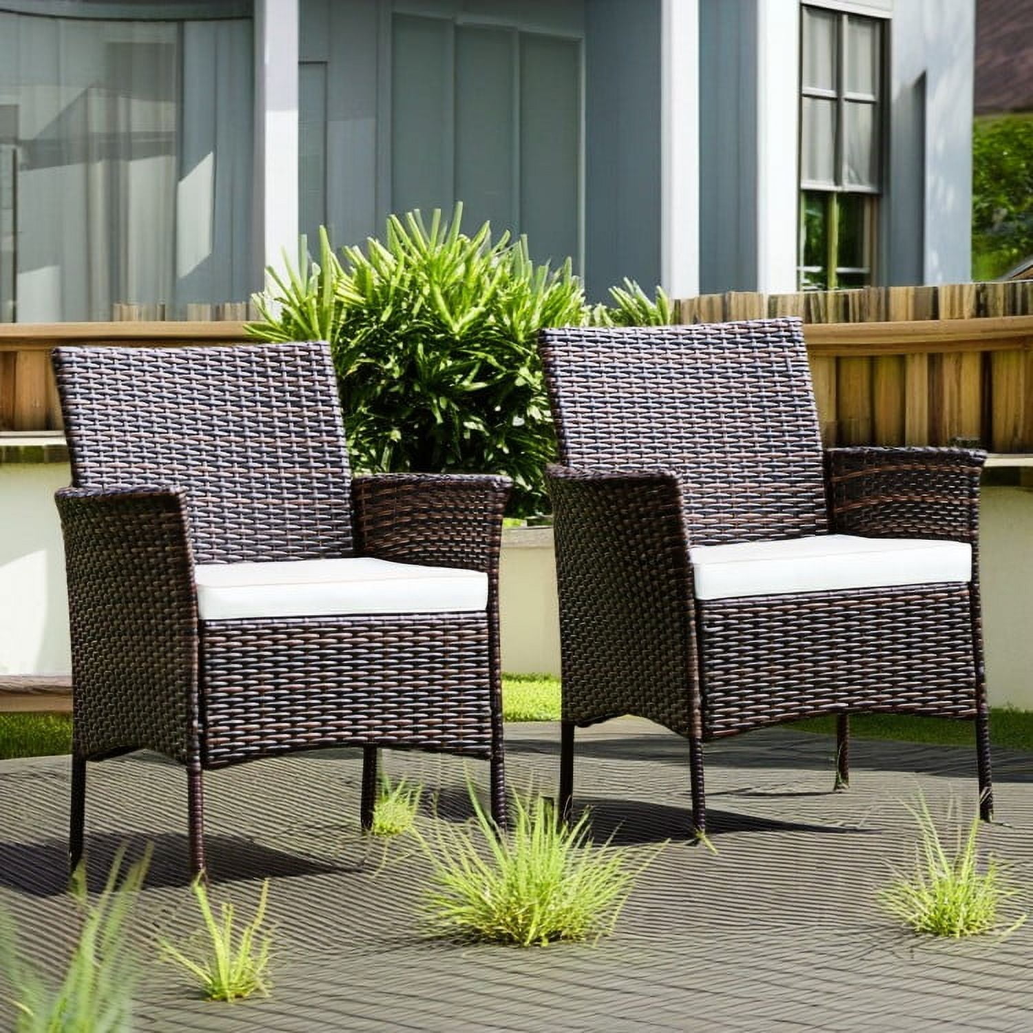 Veryke Set of 2 Outdoor Poly Wicker Rattan Stackable Cushioned Dining Chairs for Patio Furniture - White Veryke Set of 2 Outdoor Poly Wicker Rattan Stackable Cushioned Dining Chairs for Patio Furniture - White