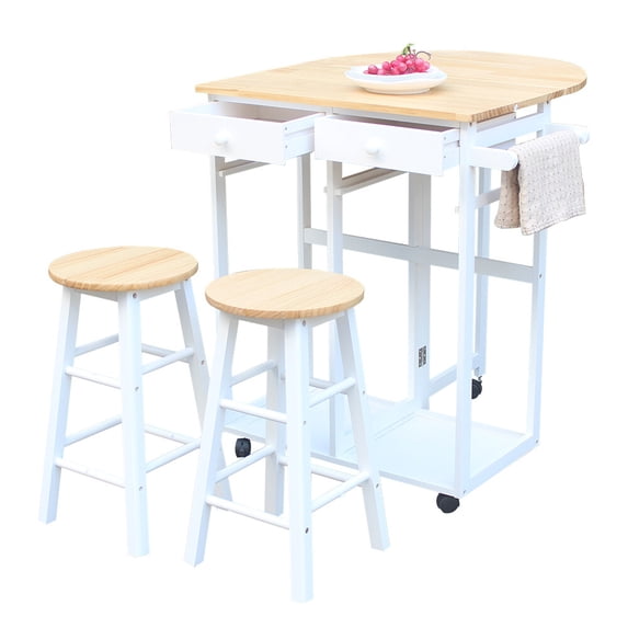 Veryke Kitchen Cart Island w/ 2 Stools, Rolling Wooden Dining Storage Trolley Utility Cart