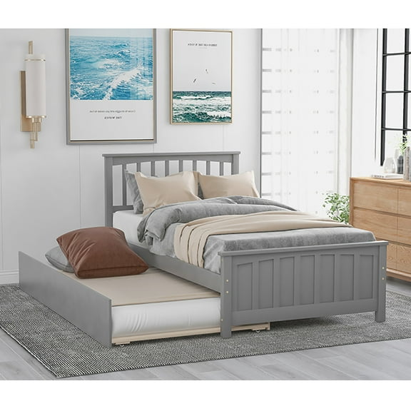 Veryke Solid Wood Platform Bed Frame with Trundle - Wood Slat Support - Gray