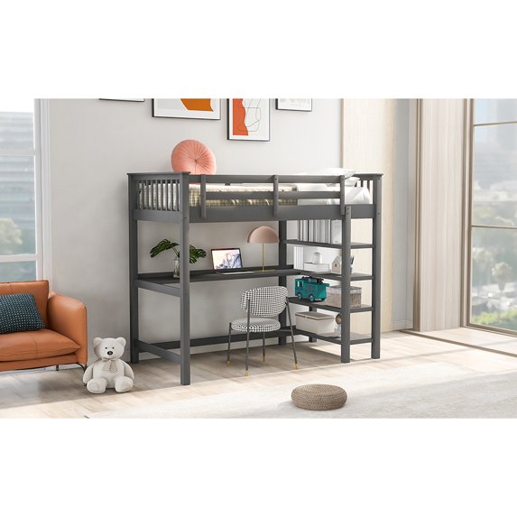 Veryke Twin Size Rubber Wood Loft Bed with Open Storage Shelves and Under-bed Desk, Gray