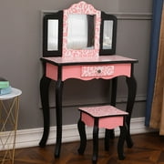 Veryke Vanity Table Set with Stool & Mirror, Makeup Desk Dressing Table for Kids Girls, Black & Pink