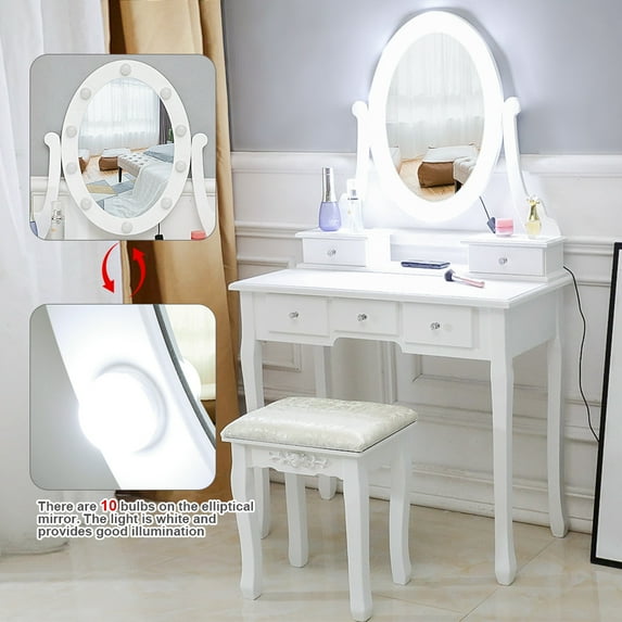 Veryke Vanity Table with Light Bulb, Makeup Desk with Mirror and 5 Drawers