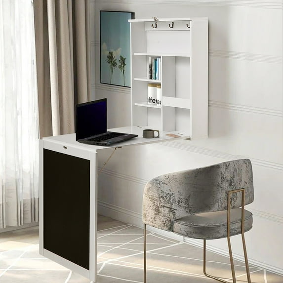 Veryke Wall Mount Folding Table, Fold-out Convertible Desk, Laptop Desk, Writing Desk with Storage Bookshelf Blackboard