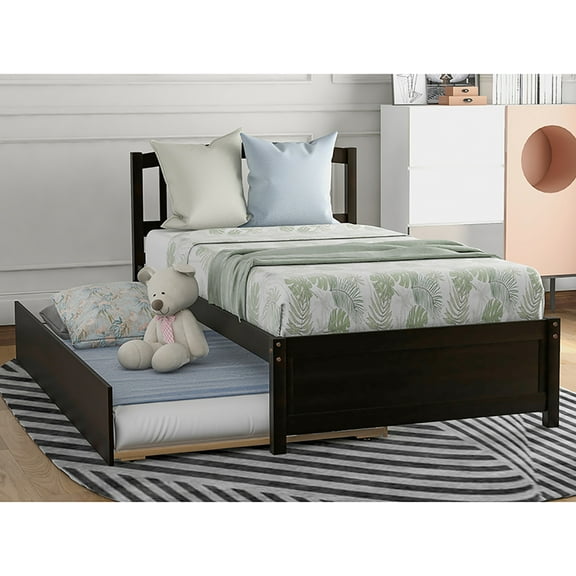 Veryke Wood Platform Bed Frames with Trundle - Twin Size - Espresso