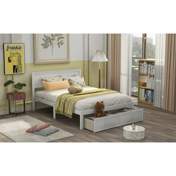Veryke Wooden Full Szie Platform Bed Frame with Storage Drawer and ...
