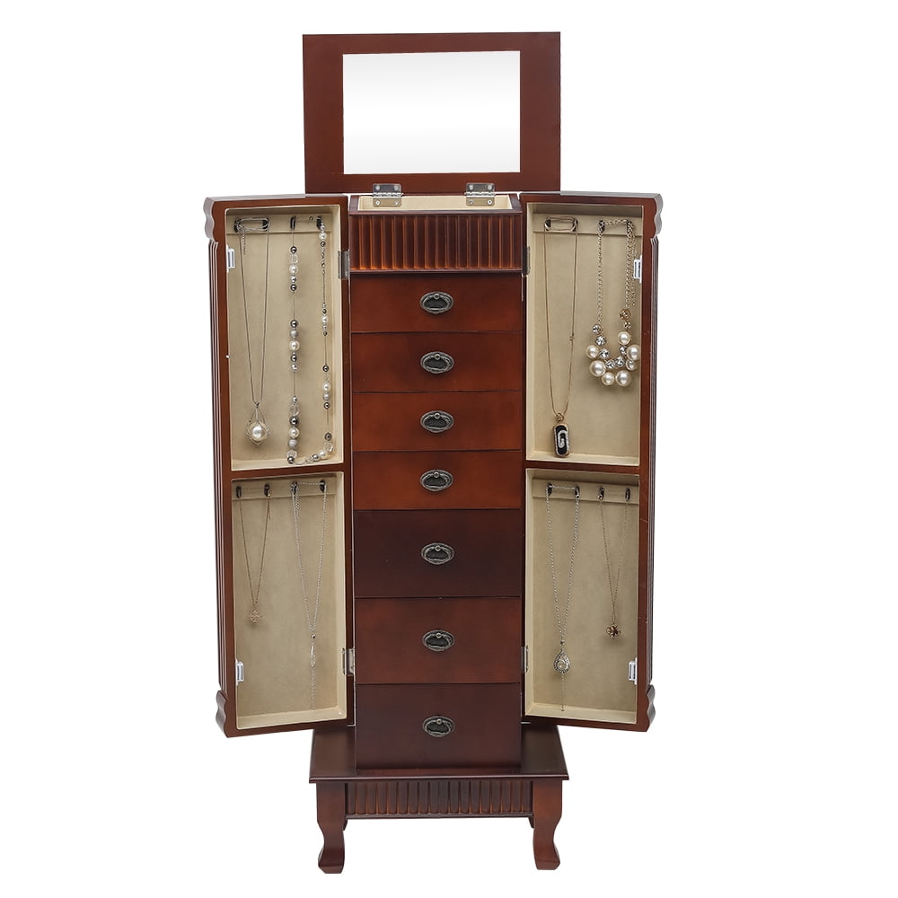 Veryke Wooden Jewelry Cabinet Armoire Box Storage Chest Stand Organizer with Swing Door Necklace Hooks
