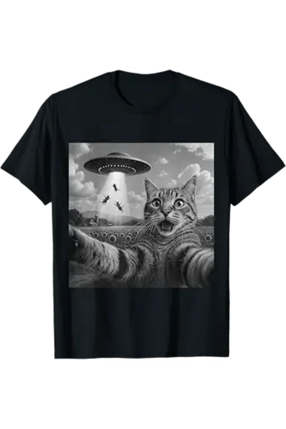 Vesco Alien Cat Selfie UFO Gifts Men Women Graphic Tees Funny Cat T-Shirt