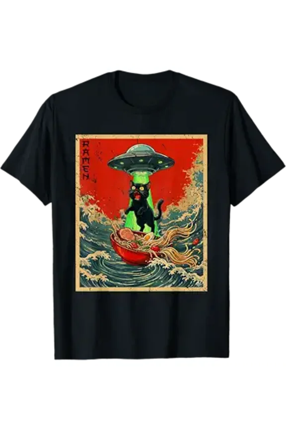 Vesco Cat Ramen UFO Japanese Anime Graphic Tees Men Women Teens T-Shirt