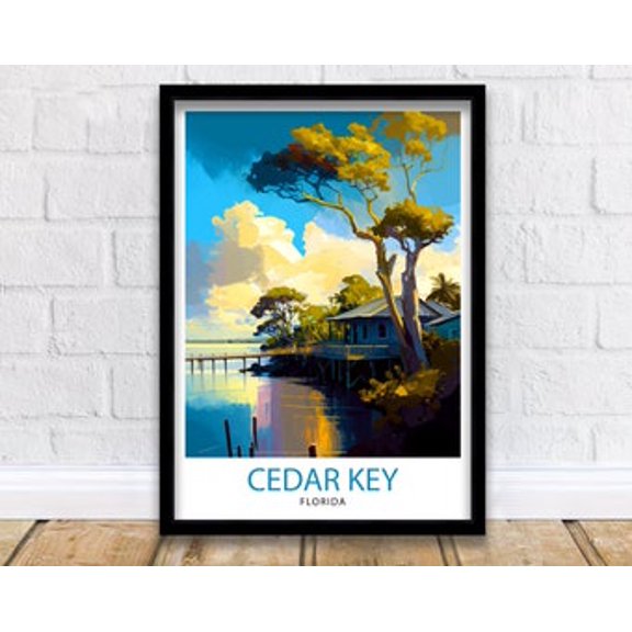 Vesco Cedar Key Florida Travel Poster Coastal Wall Art Florida Art Print, 12x18 UNFFRAMED