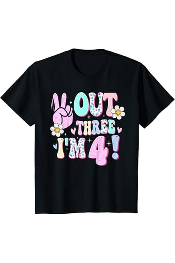 Vesco Kids Peace Out Three I'm 4 Four Year Old Girl 4th Birthday T-Shirt