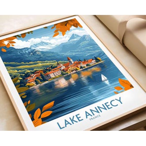 Vesco Lake Annecy Travel Art Print France Art Print Present Illus, 8x12 UNFFRAMED