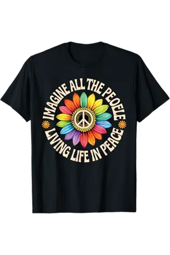 Vesco Retro Peace Flower Imagine All The People Boho Hippie 70s T-Shirt