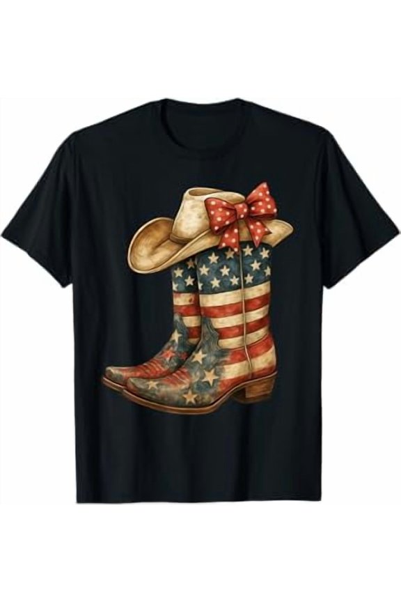 Vesco Retro Western Cowboy Boots Cowgirl American Flag 4th Of July T-Shirt