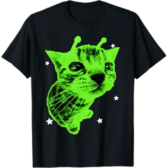 Vesco Y2K Alien Cat Meme Retro Silly Cat Vintage Space Kitty Funny T-Shirt