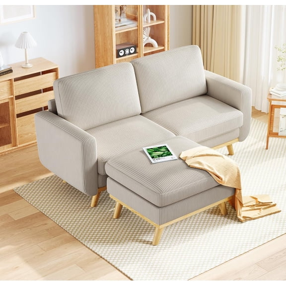 Vesgantti 68" Corduroy Loveseat Sofa - Movable Ottoman, FSC Solid Wood, Spring Cushion, Deep Seat