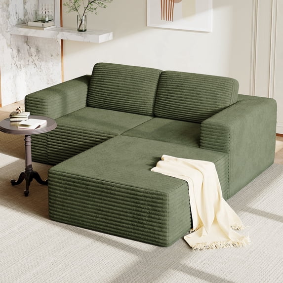 Vesgantti 80" L-Shaped Modular Sectional Sofa, Corduroy Cloud Couch with Deep Seat & Spring Support, 2-3 Seat Boneless Couch with Ottoman, No Assembly Required, Ideal for Small Spaces, Green