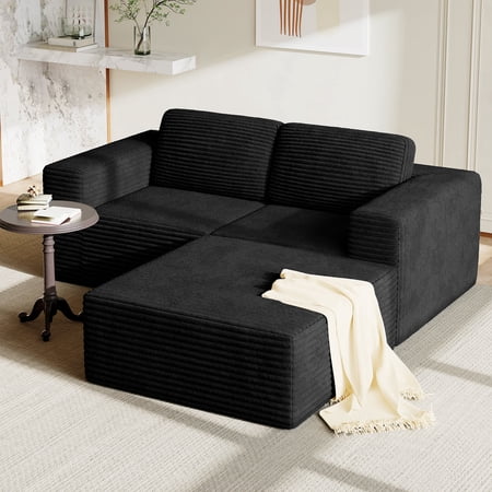 Vesgantti 80" L-Shaped Modular Sectional Sofa, Corduroy Cloud Couch with Deep Seat & Spring Support, 2-3 Seat Boneless Couch with Ottoman, No Assembly Required, Ideal for Small Spaces, Black