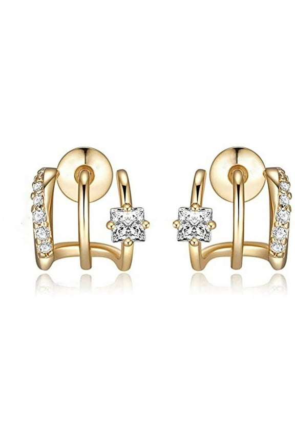 Veshon 14K Gold Plated Triple Huggie Illusion Stud Earrings | Double Huggie Hoop Earrings for One Hole | Gold Hoop Earrings for Women