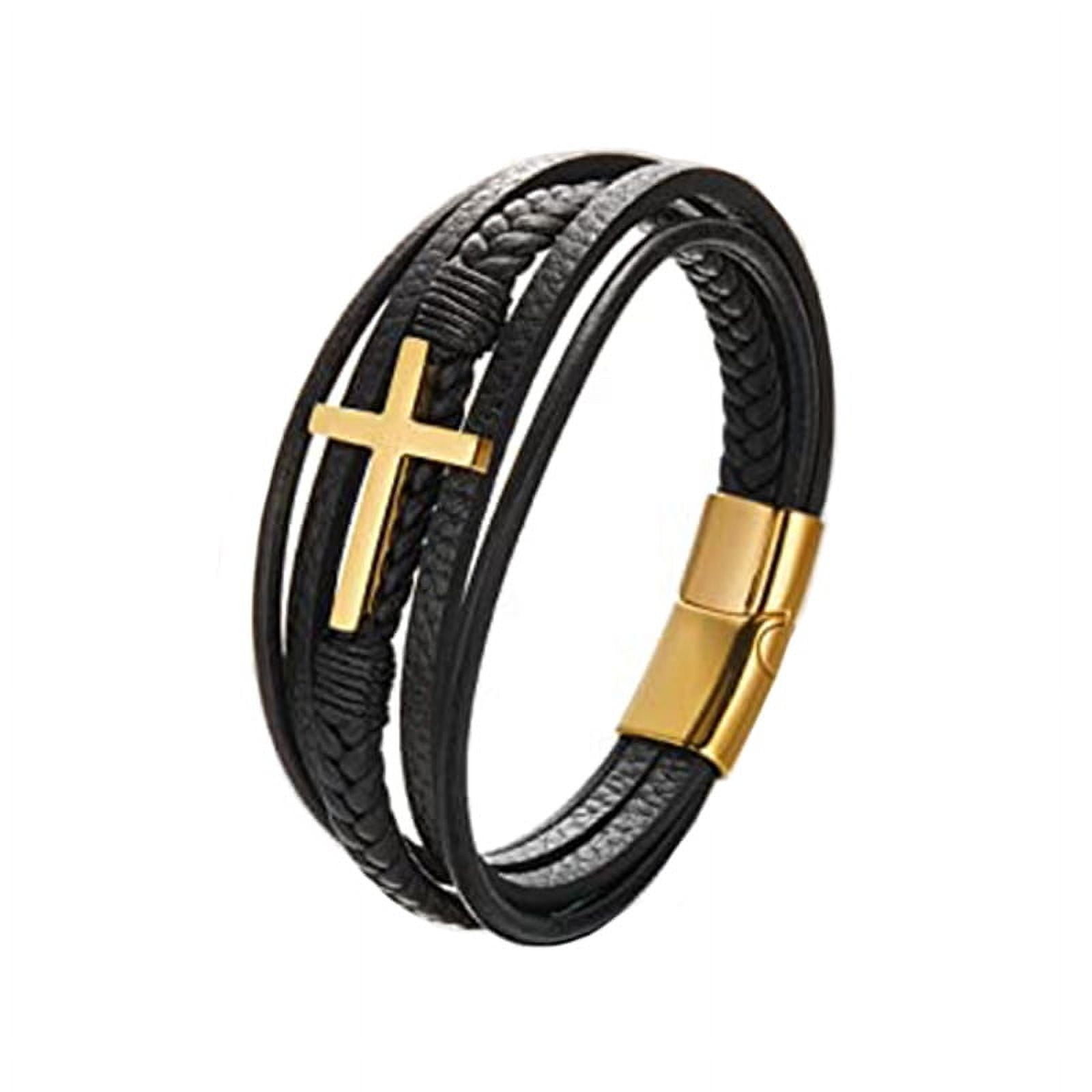 Men's Bracelet - Black Stainless Steel Lateral Cross With Brown Braided Leather Bangle - View #8