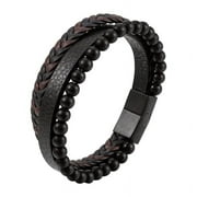 Veshon Mens Leather Bracelet with Stainless Steel Wristband Cuff Bangle Personality Bracelets