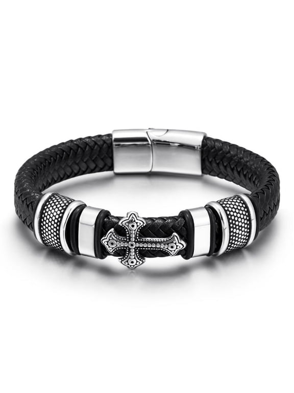 Veshon Men's leather Bracelet Woven leather bracelet Cross Open bracelet Stainless Steel Cuff bracelet Birthday Boy Men Gift