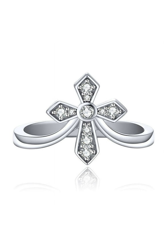 Veshon Sterling Silver Women's Clear CZ Cross Ring 925 Band 15mm White Female Size 8