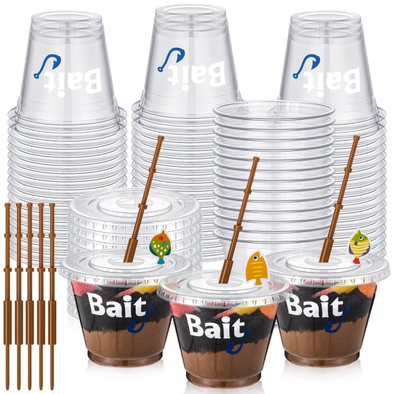Vesici 25 Set Fishing Party Favors 9 oz Bait Cups with Lids Fish Pole Decoration Clear Mini Plastic Bait Cups for Drinks Desserts Fishing Birthday Party Favors Supplies Baby Shower Decorations Y114
