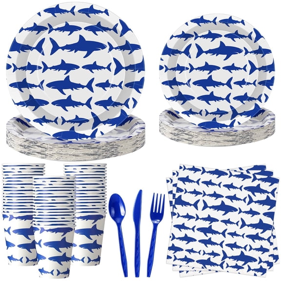 Vesici 350 Pcs Shark Plates and Napkins Tableware Set with Ocean Shark Napkins Plates Cups Straws and Forks for Summer Under the Sea Birthday Party Supplies, Serves 50 Guests Y101