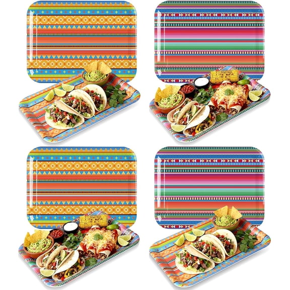 Vesici 4 Pack Mexican Melamine Serving Trays, 13 x 10 in Rectangular Decorative Platters, Colorful Aztec Boho Pattern Snack & Appetizer Plates for Taco Bar, Patio, Parties, Home Decoration