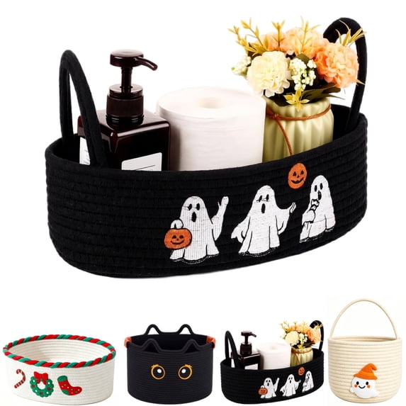 Vesici Halloween Ghost Storage Basket Halloween Bathroom Decor Black Woven Cotton Rope Black Ghost Pumpkin Embroidery Fits Toilet Tank Top or Countertop for Bathroom,A