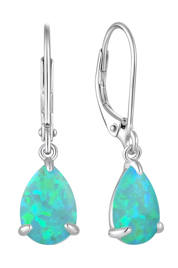 Opal Earrings for Women Sterling Silver Teardrop Solitaire Dangle Drop Earring Birthstone Jewelry Gift Created Green Opal