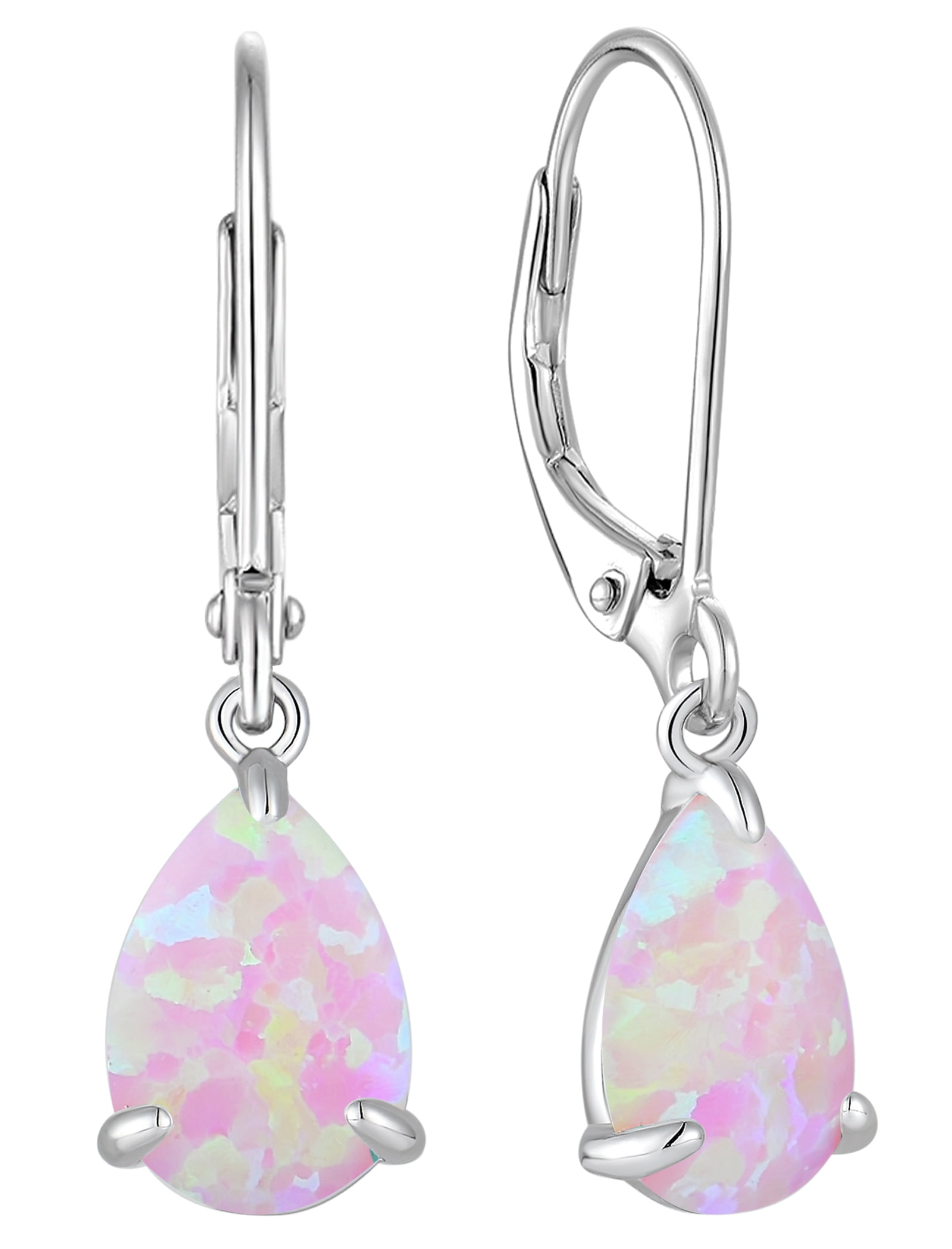 Vesitim Opal Earrings for Women Sterling Silver Teardrop Solitaire Dangle Drop Earring Birthstone Jewelry Gift Created Pink Opal