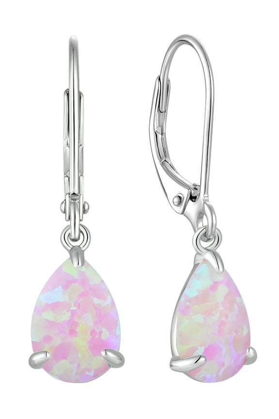 Opal Earrings for Women Sterling Silver Teardrop Solitaire Dangle Drop Earring Birthstone Jewelry Gift Created Pink Opal