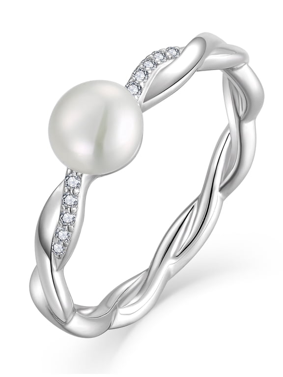Pearl Rings for Women-Infinity Rings 925 Sterling Silver 6mm Freshwater Cultured White Pearl Rings Wedding Engagement Anniversary Band Jewelry Size 7