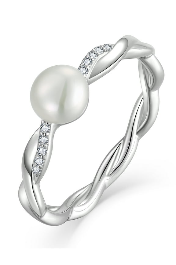 Pearl Rings for Women-Infinity Rings 925 Sterling Silver 6mm Freshwater Cultured White Pearl Rings Wedding Engagement Anniversary Band Jewelry Size 8