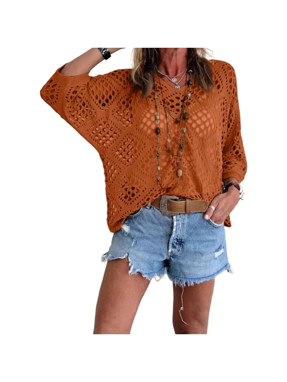 Crochet Tops for Women V Neck Hollow Out Swimsuit Coverups Batwing Sleeve Loose Summer Beach Sexy Boho Blouses Orange XL