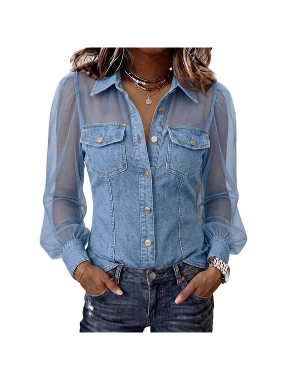 Denim Shirt Women Short Sleeve Button Down Shirt Vintage Casual Breathable Floral Lace Mesh Patchwork Jean Top Light Blue L