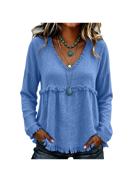 Shirts for Women Dressy Casual Frayed Shirts V Neck Vintage Long Sleeve Gauze Blouses Raw Hem Beach Vacation Outfits Light Blue L