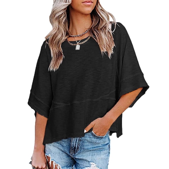 Veskora Women's Summer Casual Crewneck Batwing Half Sleeve T-Shirts Solid Color Loose Fit Cute Basic Flowy Tops Tees Blouses Black M