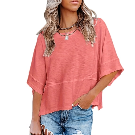 Veskora Women's Summer Casual Crewneck Batwing Half Sleeve T-Shirts Solid Color Loose Fit Cute Basic Flowy Tops Tees Blouses Pink L