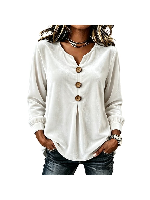 Womens Velvet V Neck Blouse Long Sleeve Puff Sleeve Pleated Tunic Top Soft Loose Fit Casual Button Front Sleeve Dressy Shirt for Work Office Party Holiday White L