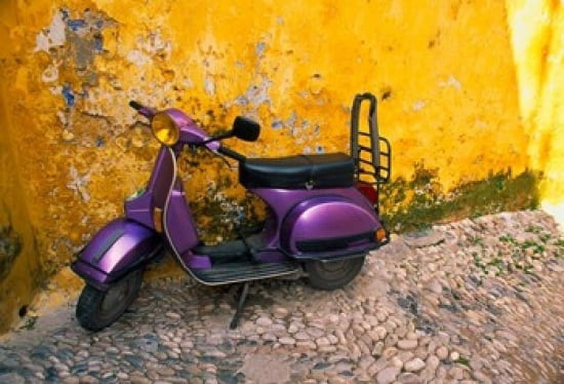 Vespa and Yellow Wall in Old Town Rhodes Greece Canvas Art - Tom Haseltine DanitaDelimont (18 x 12)