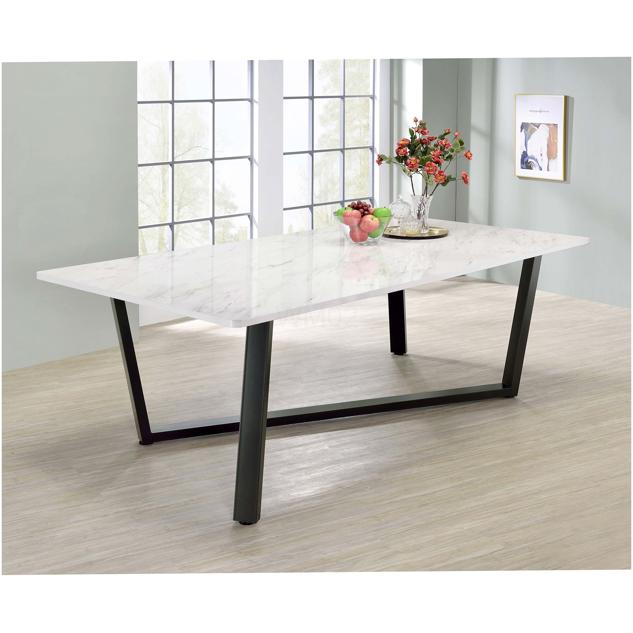Vesper Modern White Faux Marble Dining Table with Gunmetal Legs, Seats ...