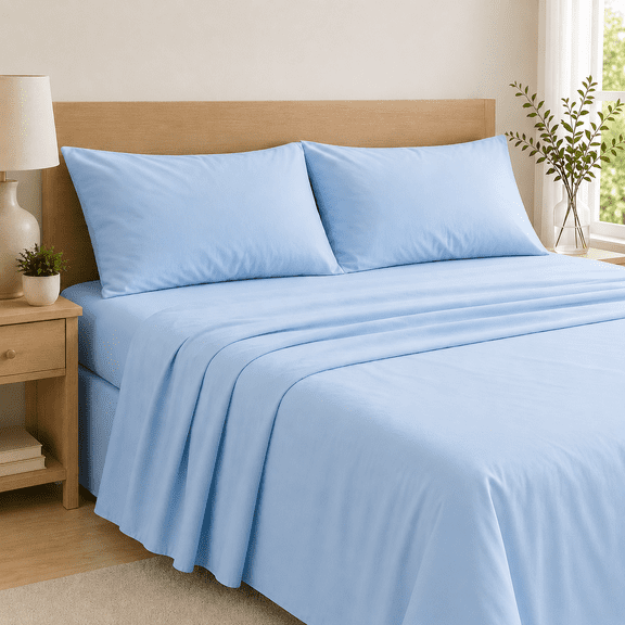 Vespera Shaw Home 100% Cotton Queen Sheet Set, 4 Piece Bedding Set, Soft Breathable, 18” Deep Pocket, Machine Washable – Light Blue