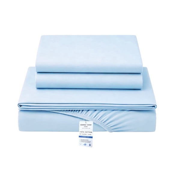 Vespera Shaw Home 100% Cotton Queen Sheet Set, 4 Piece Bedding Set, Soft Breathable, 18” Deep Pocket, Machine Washable – Light Blue