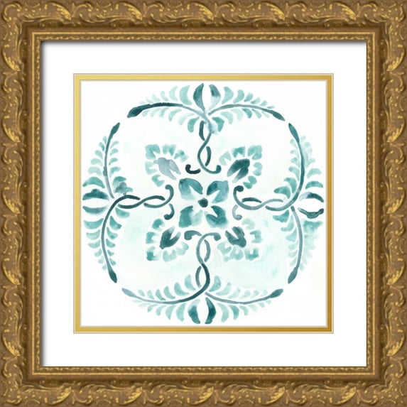 Vess, June Erica 12x12 Gold Ornate Wood Framed with Double Matting Museum Art Print Titled - Aqua Medallions VI