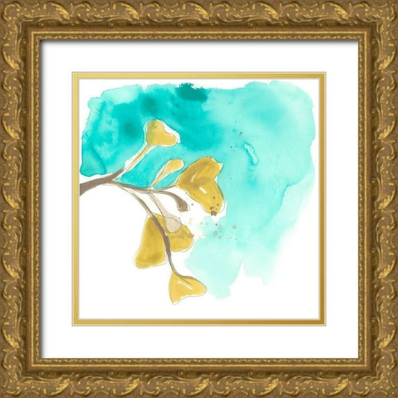 Vess, June Erica 26x26 Gold Ornate Wood Framed with Double Matting Museum Art Print Titled - Teal and Ochre Ginko VIII
