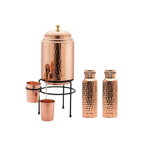 Vessel Tank Pot Matka 5 Liter Hammered Copper Water Dispenser Container Pot with Stand 2 Bottle & 2 Glass ,Pure Copper Storage Pot (5 L) Pack of 5 PCs