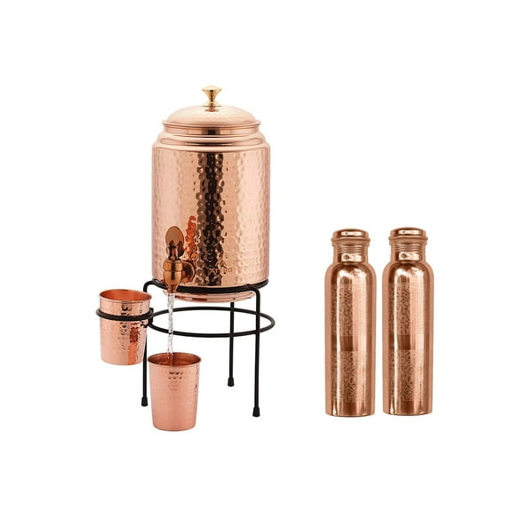 Vessel Tank Pot Matka 5 Liter Hammered Copper Water Dispenser Container Pot with Stand & Bottle ,Pure Copper Storage Pot (5 L) Pack of 6 PCs