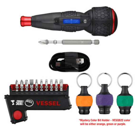 Vessel Tools 2025 Power Holiday Bundle - E-Assist Screwdriver, Bit Set, and One MYSTERY Color Bit Holder